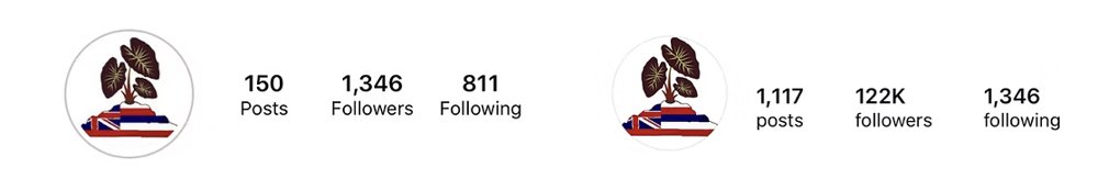 Client Instagram before and after: 1,346 followers grown to 122K